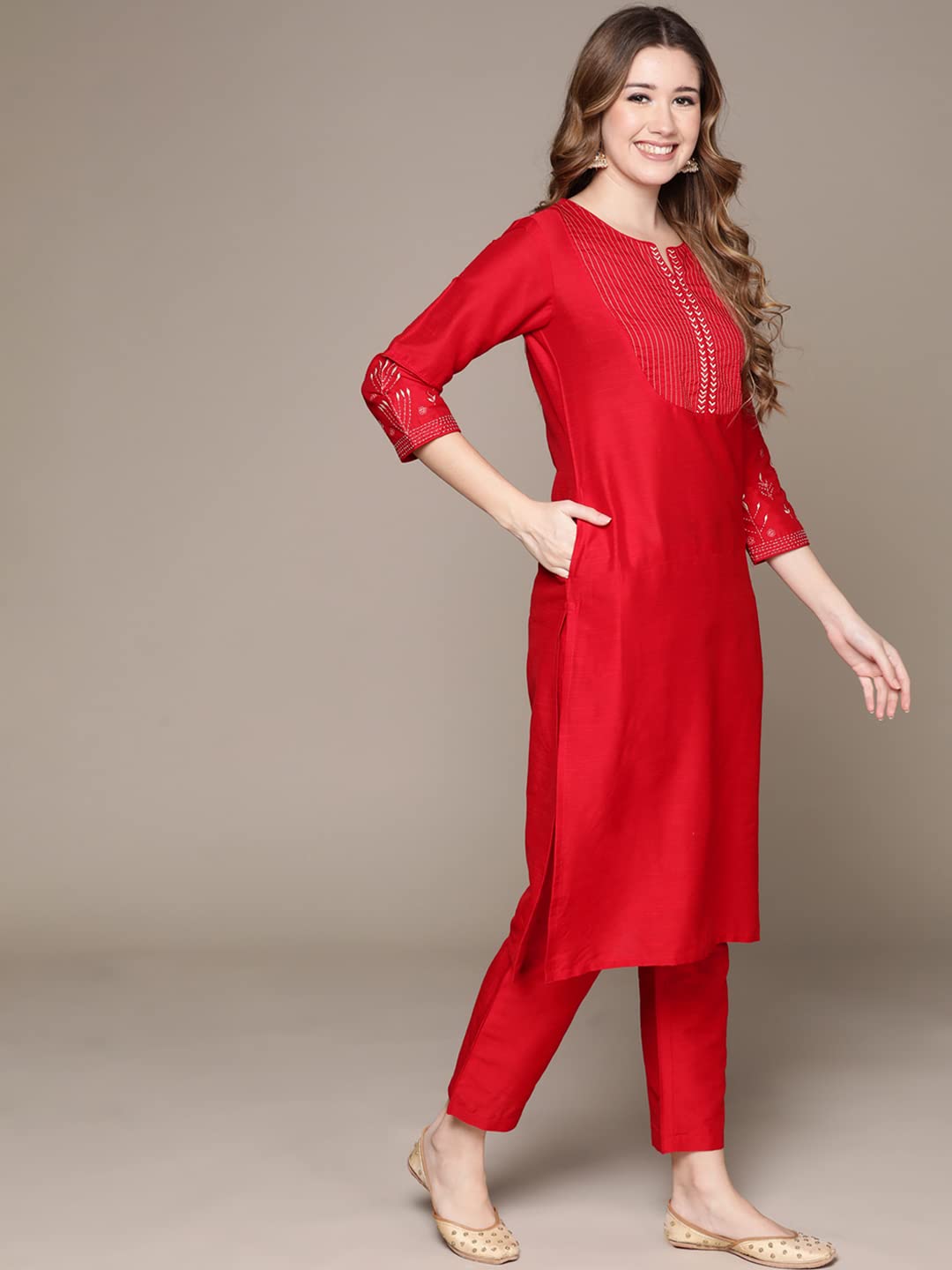 Anubhutee Women's Cotton Red Woven Design Thread Work Straight Kurta Suit Set With Pants