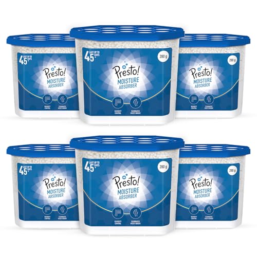 Image of Amazon Brand - Presto! Moisture Absorber | 280g x Pack of 6 | Absorbs Up to 600Ml Each | Eliminates Musty Odour | Effective for 45 Days