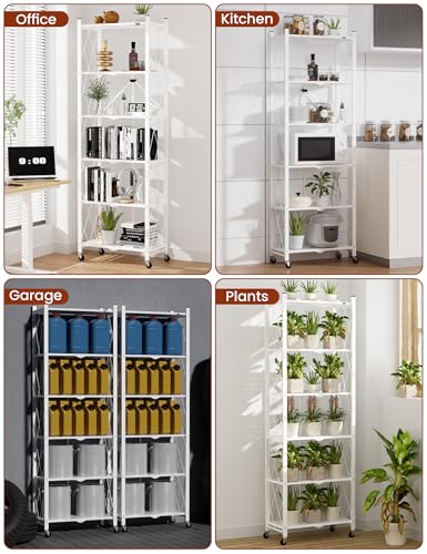 Image of ALANNG 73.6 Inch Folding Bookshelf, 6 Tier Metal Bookcase and Bookshelves | Tall Shelves for Living Room Office Bedroom, Heavy Duty Book Shelve Free Standing Open (White, 4PACK)