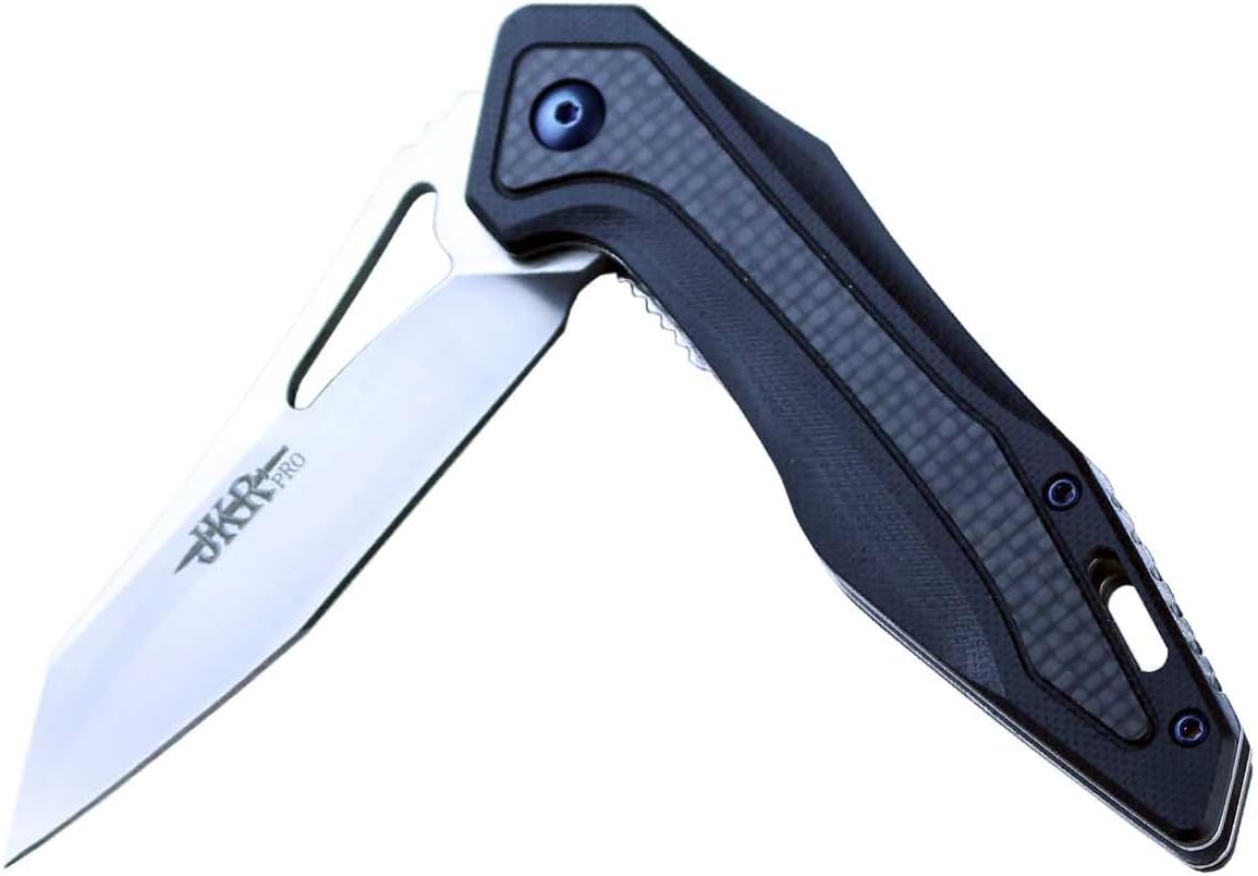 Joker JKR10010 Bearing Assisted Opening Knife, G10 / Carbon Fiber Handle in Black and 3.14 in. D2 Steel Blade, Overall Length 7.67 in.. Tool for fishing, hunting, camping and hiking.