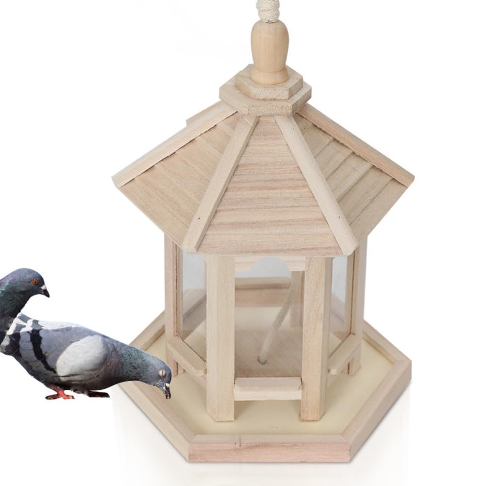 Sechseckiges Vogelhäuschen zum Aufhängen aus Holz: Einfaches Nachfüllen für Blaumeisen und Rotkehlchen!