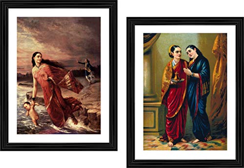 Image of Adventures� *Ganga & Shantanu, Draupadi & Sudeshna*- Two Paintings by Raja Ravi Varma, Set of 2 Wall D�cor Frames. Matt Satin Print with MDF & 1 inchPS Black Frame. Size 14 inchx18 inch each.