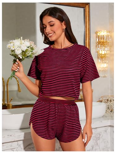 Image of OYOANGLE Womens Pajama Sets 2 Piece Sexy Lounge Sets Summer Cute Pjs Striped Print Tee and Side Split Shorts Set