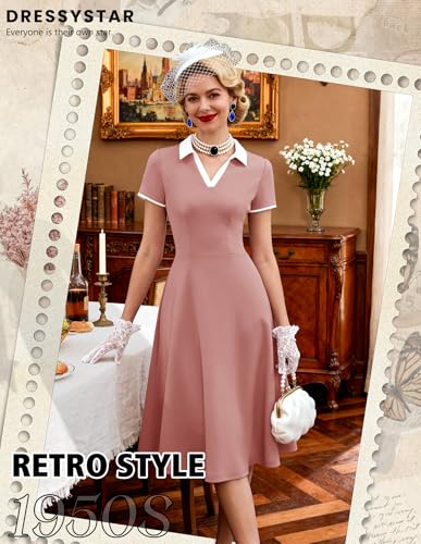 Image of Dressystar Women's 1950s Vintage Swing Dress Short Sleeve V Neck A Line Retro Rockabilly Cocktail Party Dresses With Pockets
