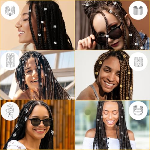Image of 60Pcs Silver Hair Accessories For Braids, 6 Styles Hair Cuffs Adjustable Braid Jewelry Clips Loc Dreadlock Accessories for Women and Girls