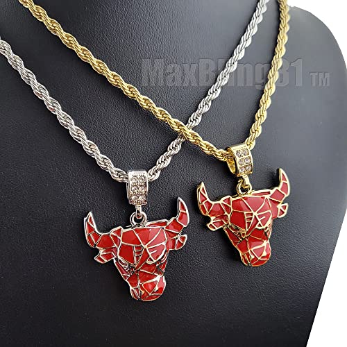 Gold Silver Plated Art Bull Head Pendant Iced Cubic Zirconia & 4mm 24" Rope Chain Necklace Hip Hop Fashion Jewelry Gift3