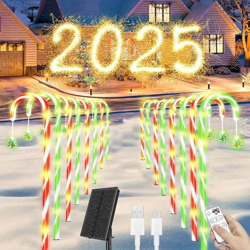 Amzxart Paquete de 10 decoraciones navideñas al aire libre, bastones de caramelo solares para exteriores, 100 LED decoraciones navideñas para exteriores con 8 modos, decoraciones solares de Navidad