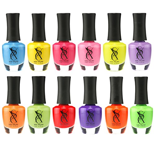 SXC Cosmetics Nail Polish Set, 12 Neon Nail Lacquer 15ml/0.5oz Full Size Nail Lacquer Gift lot