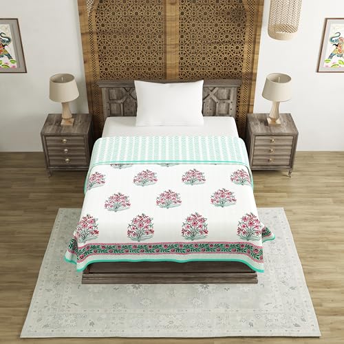 Image of BLOCKS OF INDIA Hand Block Printed Cotton Single Size Reversible Malmal Dohar for Summer (Green Pink GAMLA)