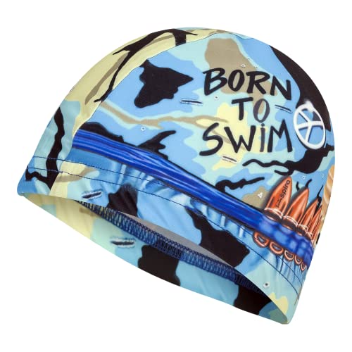 Bonnet en Tissu Born to Swim Bleu | Bonnet de Natation | Bonnet de Bain | Bonnet de Piscine | Grand Confort et adhérence | Art e Natation Cover