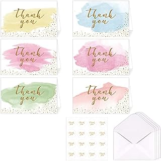 Thank You Greeting Cards, Pack of 12 Blank Gold Foiled Watercolour Postcards With 12 Envelopes and 12 Stickers, Used for Birthday, Wedding, Bussniess, Mothers, Fathers, Friends Thankyou Cards