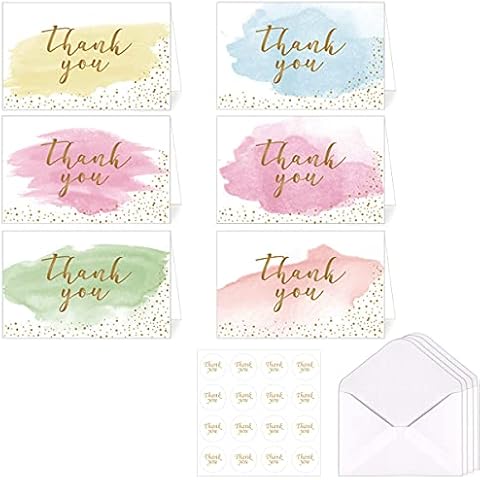 Thank You Greeting Cards, Pack of 12 Blank Gold Foiled Watercolour Postcards With 12 Envelopes and 12 Stickers, Used for Birthday, Wedding, Bussniess, Mothers, Fathers, Friends Thankyou Cards Cover