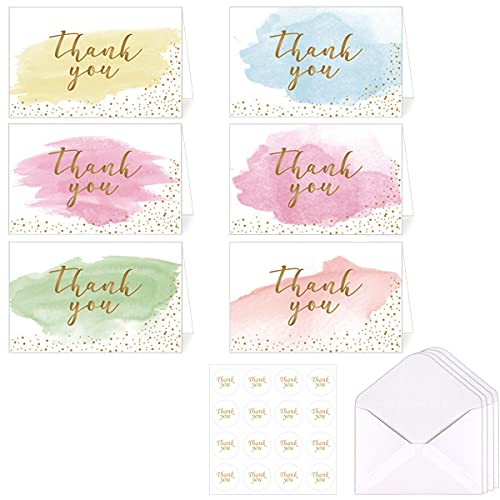 Thank You Greeting Cards Pack of 12 Blank Gold Foiled Watercolour Postcards With 12 Stickers Used for Birthday Wedding Business Mothers Fathers Friends Thank You Cards