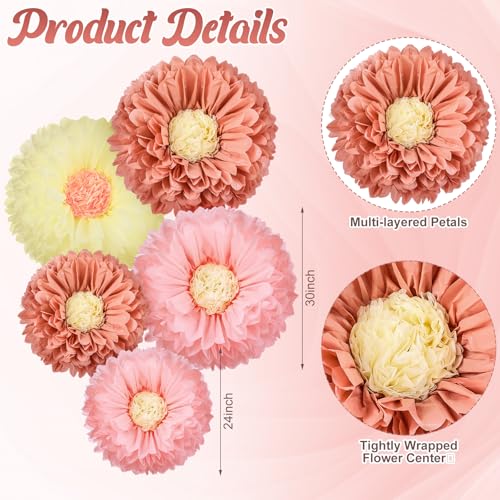 Image of Chunful 5 Pcs 30'' 24'' Colorful Giant Paper Flower Handcrafted Boho Large Tissue Paper Flower for Wall Crepe Floral Large Hanging Tissue Pom Poms for Wedding Bridal Baby Shower Party Nursery Birthday