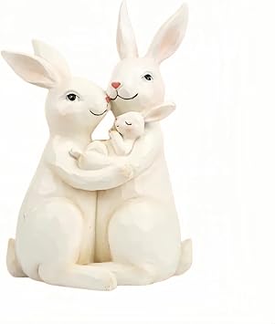 YANGMEI 8.1inch White Resin Rabbit Family Statue, Easter/Spring Home Decor for Living Room, Bedroom, Office Shelf, Mantel, Tabletop