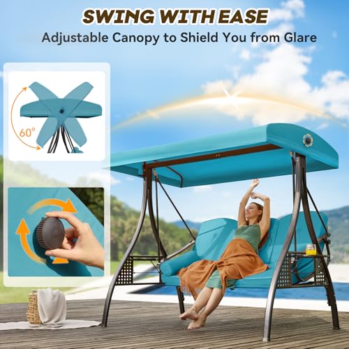 Image of 3 in 1 Outdoor Porch Swing with Adjustable Canopy, 3 Seat Outdoor Swing for Adults, Patio Swing Chair with Thickened Cushions,Pillows & Cup Holders for Backyard, Porch, Garden (Lake Blue)
