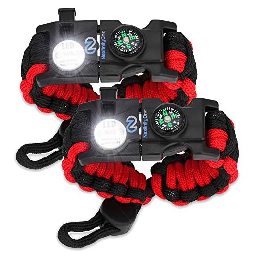 Nexfinity One Survival Paracord Bracelet - Tactical Emergency Gear Kit with SOS LED Light, 550 Grade, Adjustable, Multitools, Fire Starter, Compass, and Whistle - Set of 2 (Red)