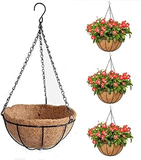 ZWCEGND Hanging Basket with Natural Coconut Husk Liners,25cm Round Metal hanging basket for Plants and artificial Flowers ,Suitable for Indoor Outdoor (Set of 3)