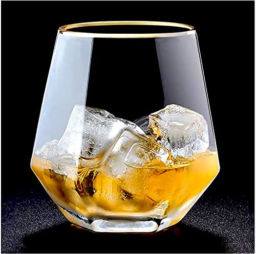 kddigz Diamond Whiskey Glasses, Set of 6 Double Old Fashioned Whiskey Glass Rocks Glasses Gold Banded Cocktail Drinkware for Rum, Scotch, Bourbon or Wine Glasses, Tumblers Old Fashion Elegant Glass
