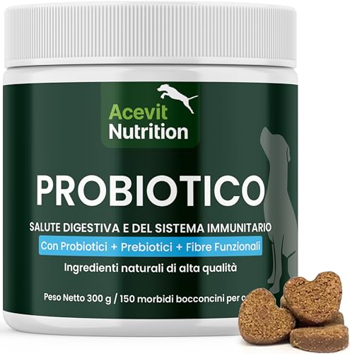 Probiotici per Cani, 150 Bocconcini, 100% Naturali con 2 Miliardi di Unità Probiotiche, Prebiotici e Fibre Funzionali, Digestione e Flora Intestinale, Contro Diarrea e Gas, Formula Veterinaria