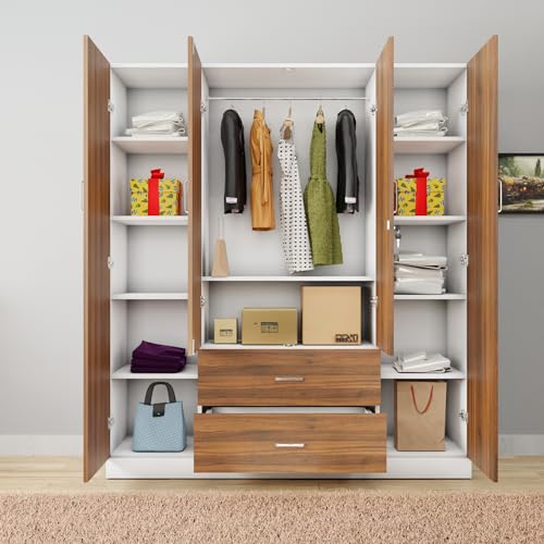 Image of VIKI Wardrobe | Wooden Almirah for Clothes,Door for Bedroom, 4 Door Wardrobe with Drawer & Hanging Space (White & Walnut - 40D x 160W x 180H) | 1 Year Warranty | Free Assembly