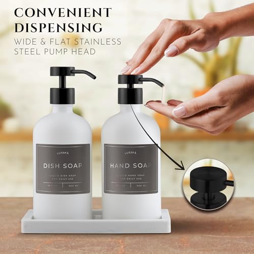 Glass Soap Dispenser Set of 2 (White) with Silicone Tray | Hand and Dish Soap Dispenser for Kitchen and Bathroom | 16.8 Oz Glass Bottles with Stainless Steel Pump & 15 Waterproof Labels (White/Black) - image 4