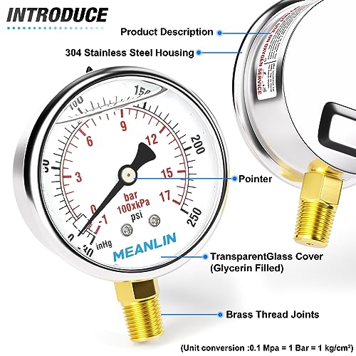 Image of MEANLIN MEASURE -30inHG~250Psi Stainless Steel 1 /4 inch NPT 2.5 inch FACE DIAL Vacuum Pressure Gauge, Lower Mount, with 1 /2 inch NPT and 3 /8 inch NPT Hex Bushing
