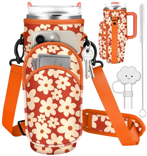 Toykee Water Bottle Holder Carrier Bag for Stanley 40 OZ Tumbler with Strap Phone Pocket, Orange Wrap Around Drink Cup Purse Pouch with Straw Cover Cleaner Brush Accessories Flower Print