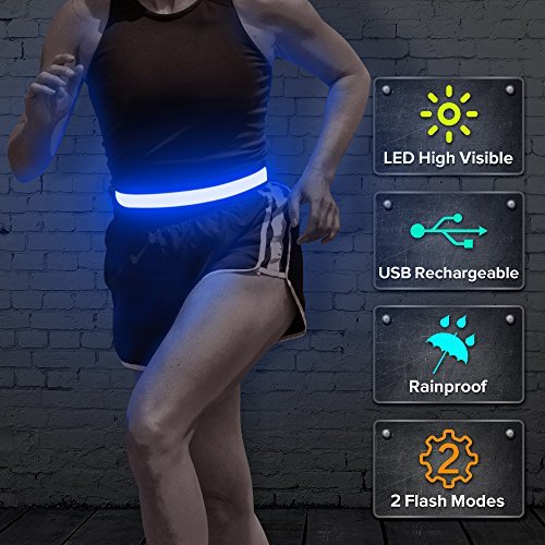 BSEEN LED Running Waist Belt - Rechargeable Reflective Gear Glowing Light Up Waistband Flashing Safety Light Belt for Runners, Joggers, Walkers, Pet Owners, Cyclists (Blue)