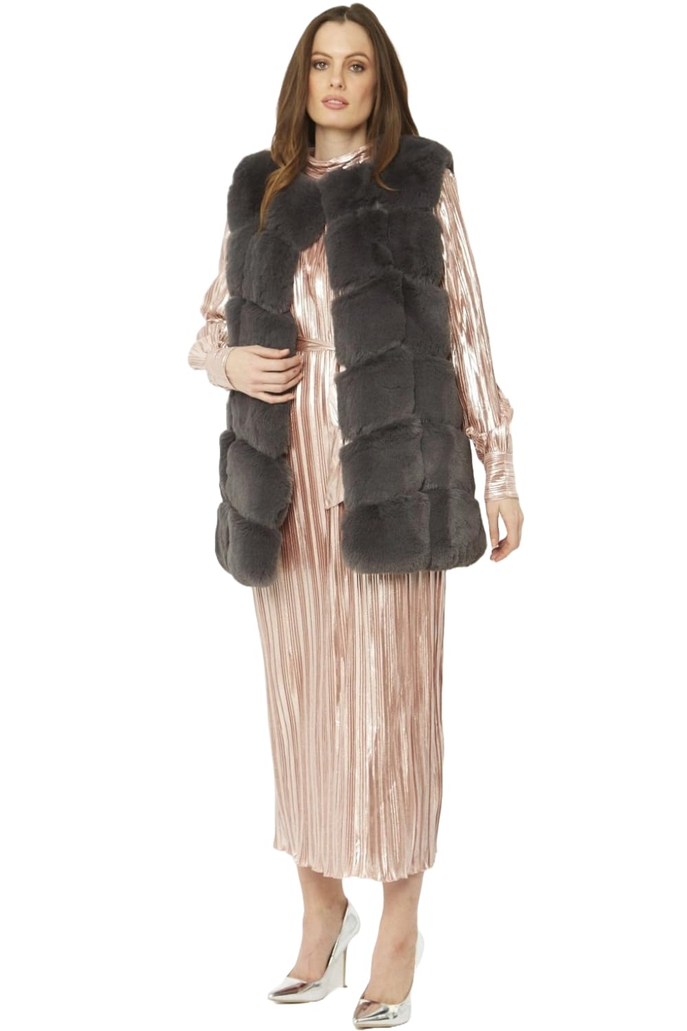 Jayley Collection Women's Grey Faux Fur Long Gilet