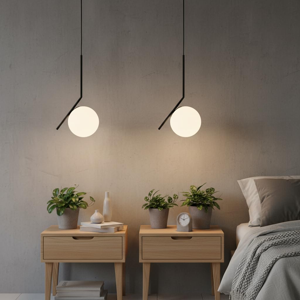BARCELONA LED Lampada a Sospensione in Vetro a Sfera E27, Corpo in Metallo Alluminio con in Vetro Opalino, Stile Nordico Moderno Giapponese Industriale e Classico per Soggiorno e Cucina, Nero