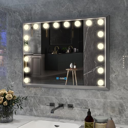 YU YUSING Specchio Bagno con 18 Lampadine 80x60cm, Specchio Bagno LED da Parete con 3 colori regolabili, Cornice in Alluminio, Display dell'Ora, Antiappannamento, Impermeabile IP44, Orizzontale