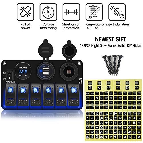 FXC Waterproof Marine Boat Rocker Switch Panel 6 Gang with 3.1A Dual USB Slot Socket + Cigarette Lighter +LED Voltmeter with Power-Save for Car Rv Vehicles Truck (6 Gang Blue LED) (6 Blue)