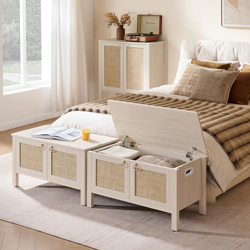 Image of SICOTAS Rattan Storage Bench Boho Storage Chest with 2 Safety Hinges | Wood Storage Truck Box for Bedroom, Living Room, Entryway, Supports 220 lb, White Oak