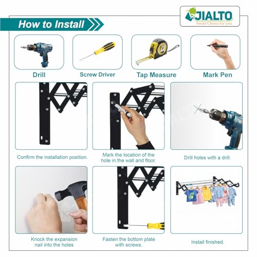 Image of JIALTO Wall Mounted Foldable Clothes Drying Rack Black 62.5 Cm Stainless Steel Expandable Laundry Drying Stand, Heavy Duty Scissor Style Cloth Hanger for Balcony Bathroom Utility Area