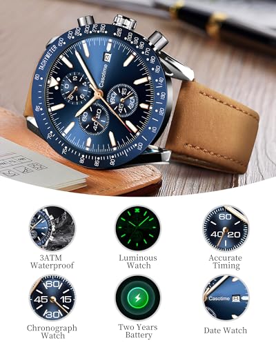 Watches for Men Leather Band Chronograph Mens Watches 30M Waterproof Big Face Analog Quartz Date Watch Work Sport Casual Classical Fashion Designer Dress Wrist Watches Elegant Gift for Men - Image 5