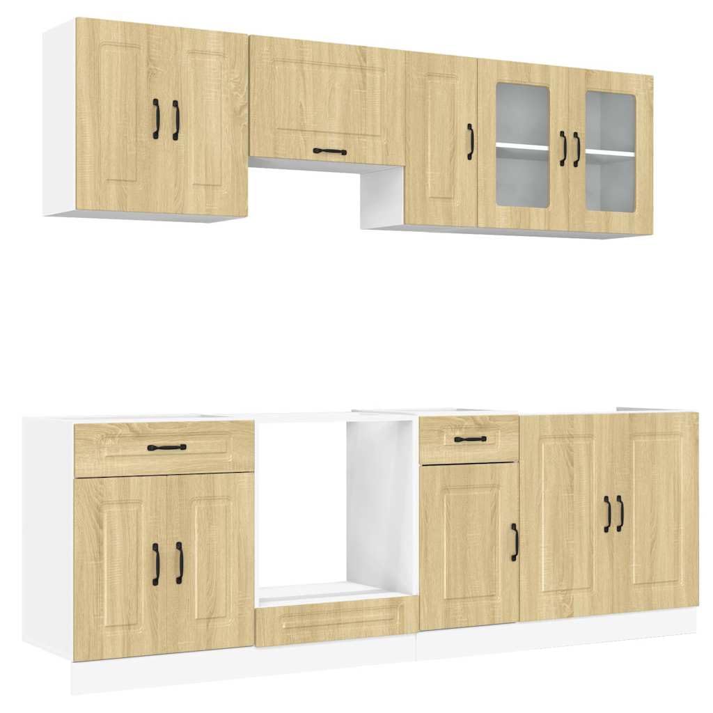 8-TLG Küchenschrank-Set Kalmar in Sonoma-Eiche - Modulare Küchenzeile aus Holzwerkstoff und Glas - Einbauküche mit Hängeschränken und Unterschränken für Herd und Spüle