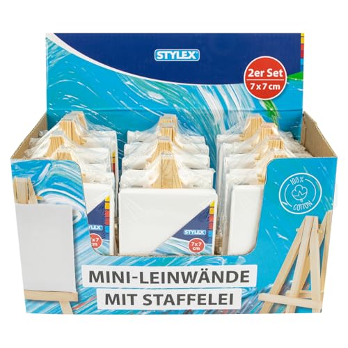 Stylex 28672-P12 - Mini Leinwand mit Staffelei 24 Stück mit 100% Baumwollgewebe bespannt Größe 7 x 7 cm grundiert rückseitig geheftet für Öl- Acryl- Gouache- und Temperafarben