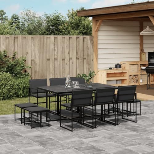 HEFZGDB 11-Piece Modern Garden Dining Set Black Dark Grey Outdoor Furniture with Rectangular Table and Six Foldable Chairs for Patio Balcony