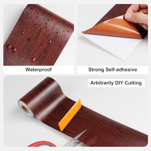 Image of JUNART Wood Grain Repair Tape(10cmx1000cm), Self-Adhesive Waterproof Realistic Textured Repair Duct Tape for Tables, Baseboards, Doors, Windows, and Floors with Plastic Scraper(Red Rosewood)