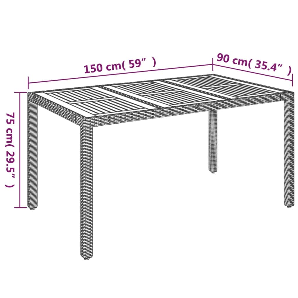 Mesa de jardín de ratán sintético negro 150 x 90 x 75 cm con tablero de madera de acacia maciza, mesa de jardín resistente al agua para terraza y jardín, marco de acero pulverizado