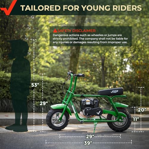 FRP MB40 4-Stroke Mini Bike, 40CC Kids Mini Dirt Bike, No Oil Mixing Needed, Easy to Assemble, Includes Gloves, Neck Gaiter and Protective Gear, 18 MPH Max Speed, Supports Up to 165 LBS (Green)