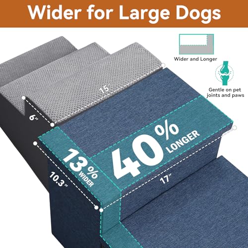 Image of Dog Stairs with Storage 18 inch H, 3-Step Wider Dog Steps for Small /Medium /Large Dogs Cats, Folding Sturdy Pet Stairs Climbing Bed or Sofa, Ramp for Car Hold Up to 200 lbs (Navy Blue, No Condo)