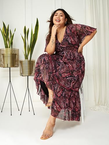 Image of Miss Chase A+ Women's Bohemian V-Neck Flutter Sleeve Chiffon Relaxed Fit Wrap Maxi Dress