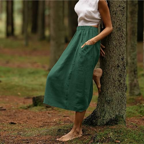 Women's Cotton Linen Casual Midi Skirt High Elastic Waisted Long Skirts Fall Winter Solid Color Skirt with Pockets4