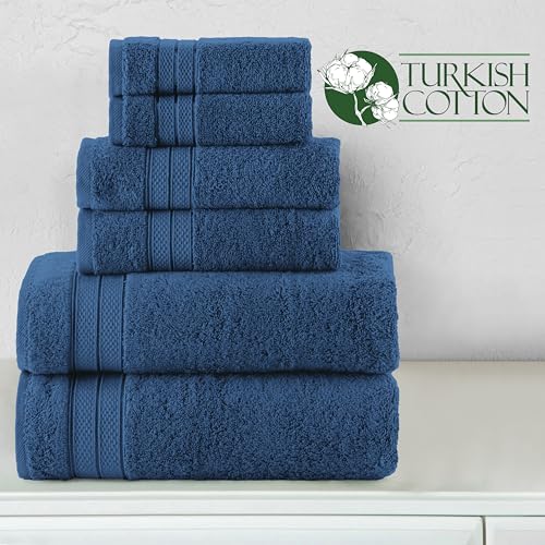 Image of Elegant Comfort Luxury 6-Piece Towel Set, Premium Soft 100% Turkish Cotton, Three Line Popcorn Design 2 Bath Towels, 2 Hand Towels and 2 Washcloths Towel Set - Quick-Drying and Absorbent, Navy Blue
