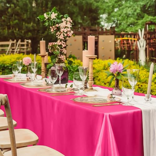 Image of TURSTIN 4 Packs Hot Pink Satin Tablecloth 102 x 58 Inch Overlay Satin Table Cover Rectangle Bright Silk Tablecloth Smooth Fabric Table Decoration for Wedding Banquet Party Events