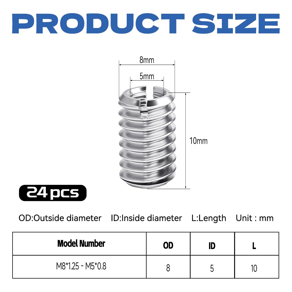 Inserto filettato M8 su M5 x 10mm, 24 pezzi adattatore filettato m8 m5, manicotto filettato in acciaio inossidabile, adattatore per collegamenti a vite, manicotto di riduzione da m8 a m5