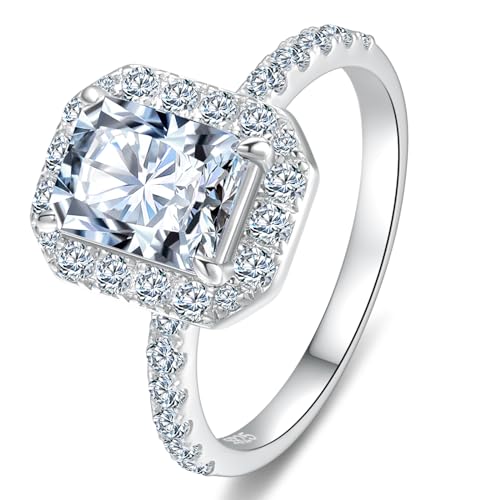Metzakka 2CT 925 Sterling Silver Cushion Cut Engagement Ring, Cubic Zirconia Halo Promise Wedding Ring for Women