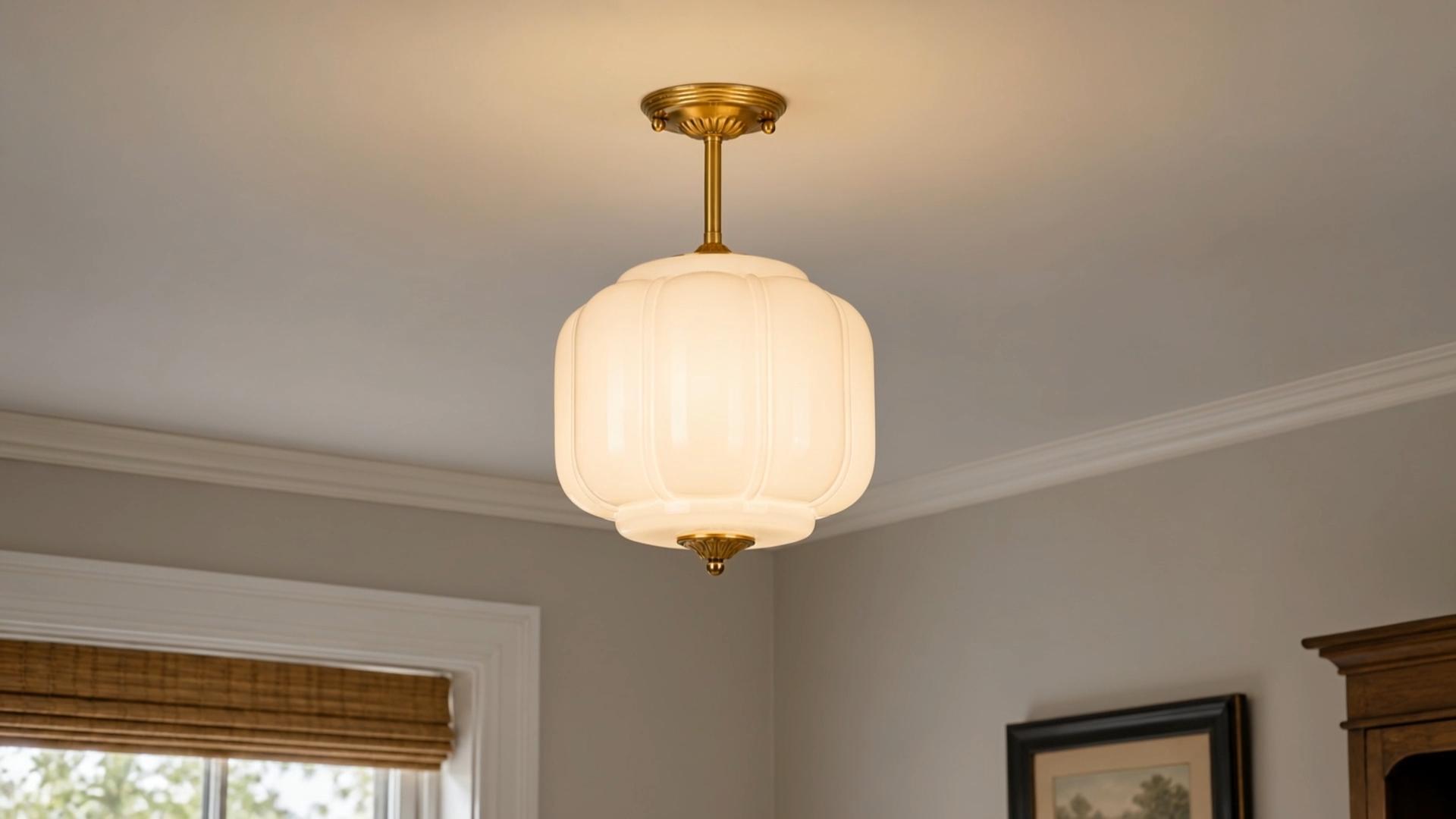 Image of 9.4 inch Milk Glass Semi Flush Mount Ceiling Light Fixture, Vintage Gold Ceiling Lamp for Hallway, Kitchen, Bedroom, Entryway, Antique Mid Century Lighting with Scallop Shade for Small Rooms